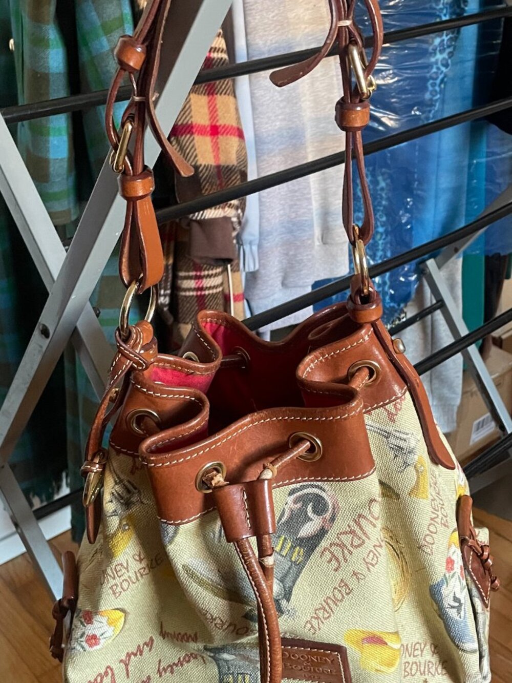 Dooney & Bourke Western Cowboy Boots Vintage Leather Canvas Drawstring Bucket - Picture 4 of 7